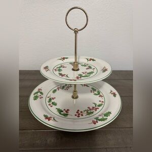 Vintage Sango Porcelain Holly Design Two-Tiered Server - Beige,Green, Red